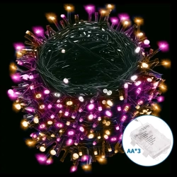 Lampki choinkowe sznur 100LED na 3 baterie AA różowy z ciepym 5M